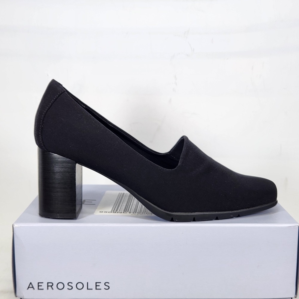 Aerosoles Midnight Pump Women Size 8 Black Block Heel Square Toe Stretch Shoe
